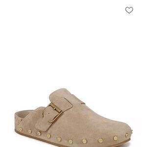 Veronica Beard Beige Suede Buckle Clog Mules